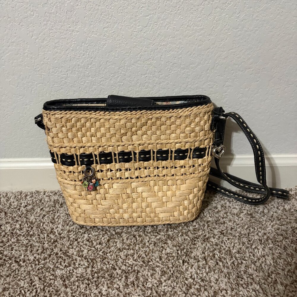 Brighton Wicker Brown Leather Shoulder Bag with Purse Charms